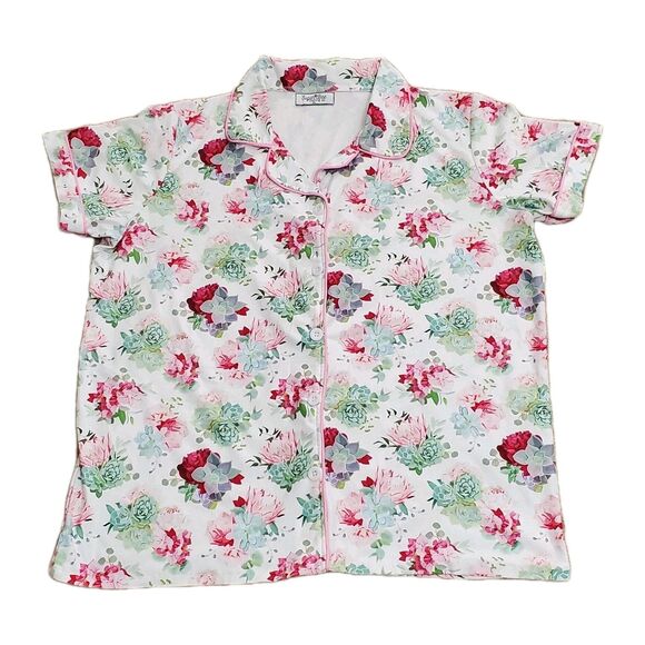 Sugar Bee Womens Sz XL Pajama Shorts Set Pink Succulent Button Front - Picture 2 of 16